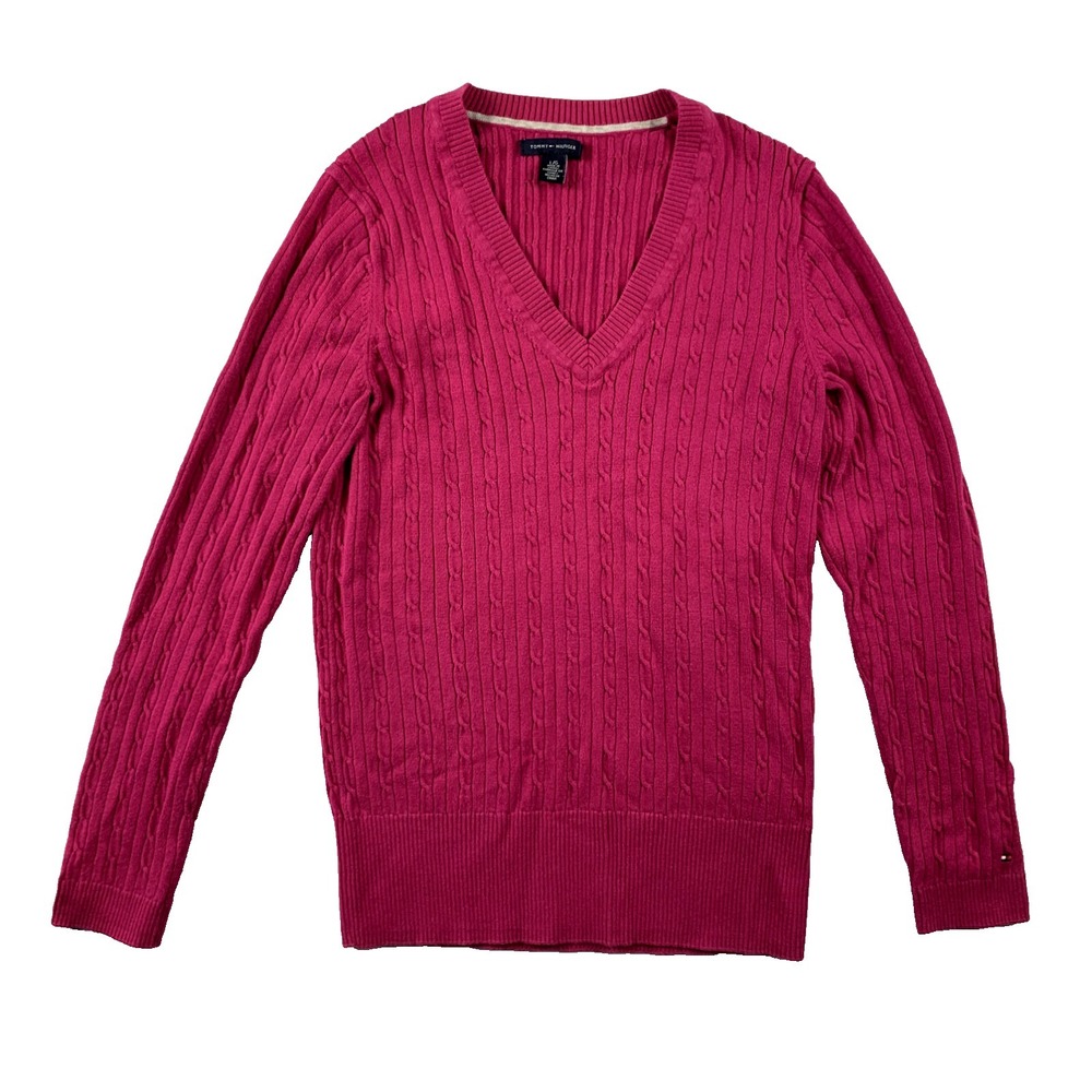 Tommy Hilfiger Womens Cable Knit Sweater Large Pink V Neck Cotton Classic Logo L